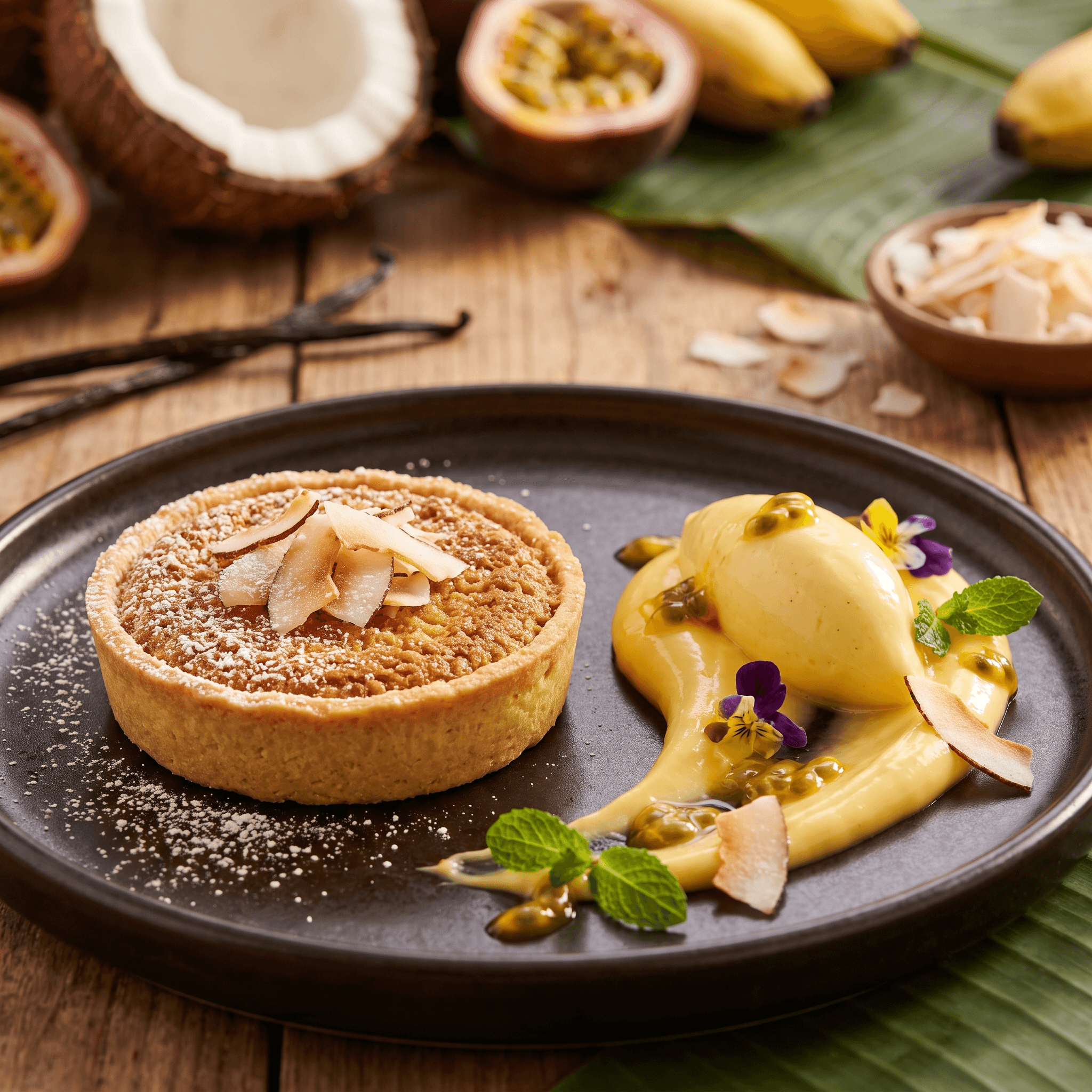 Toasted coconut tart with passion fruit cream