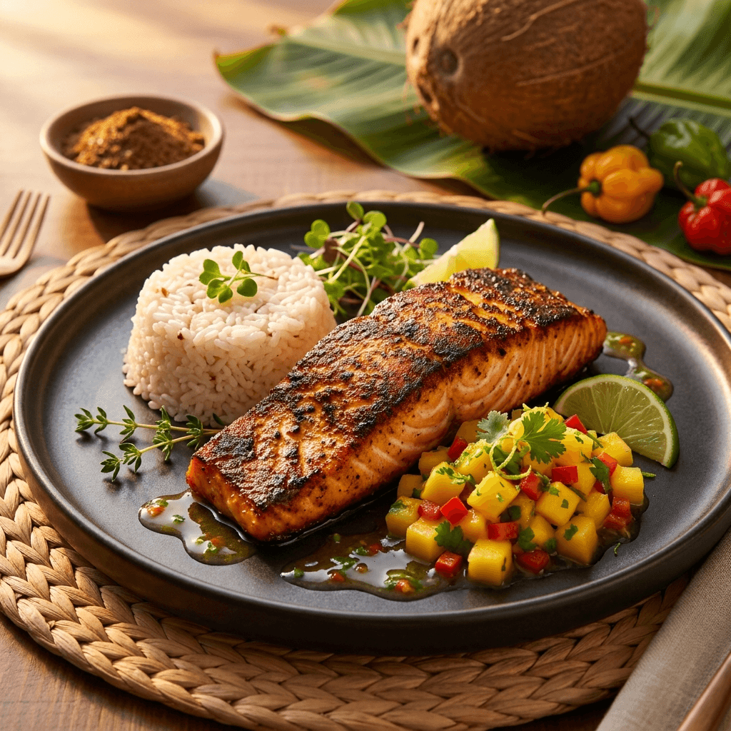 Jerk-spiced salmon fillet with coconut rice