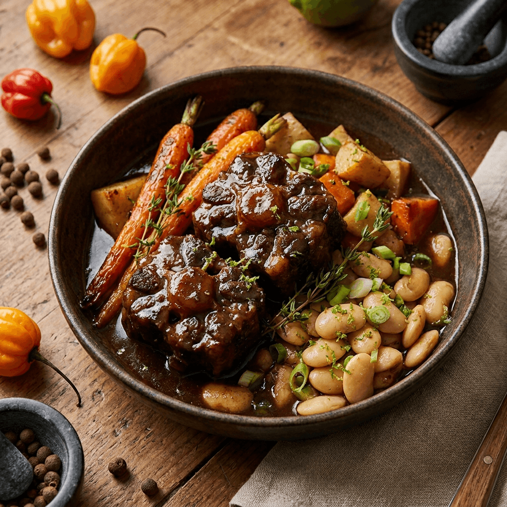 Slow-braised oxtail with heritage vegetables and butter beans