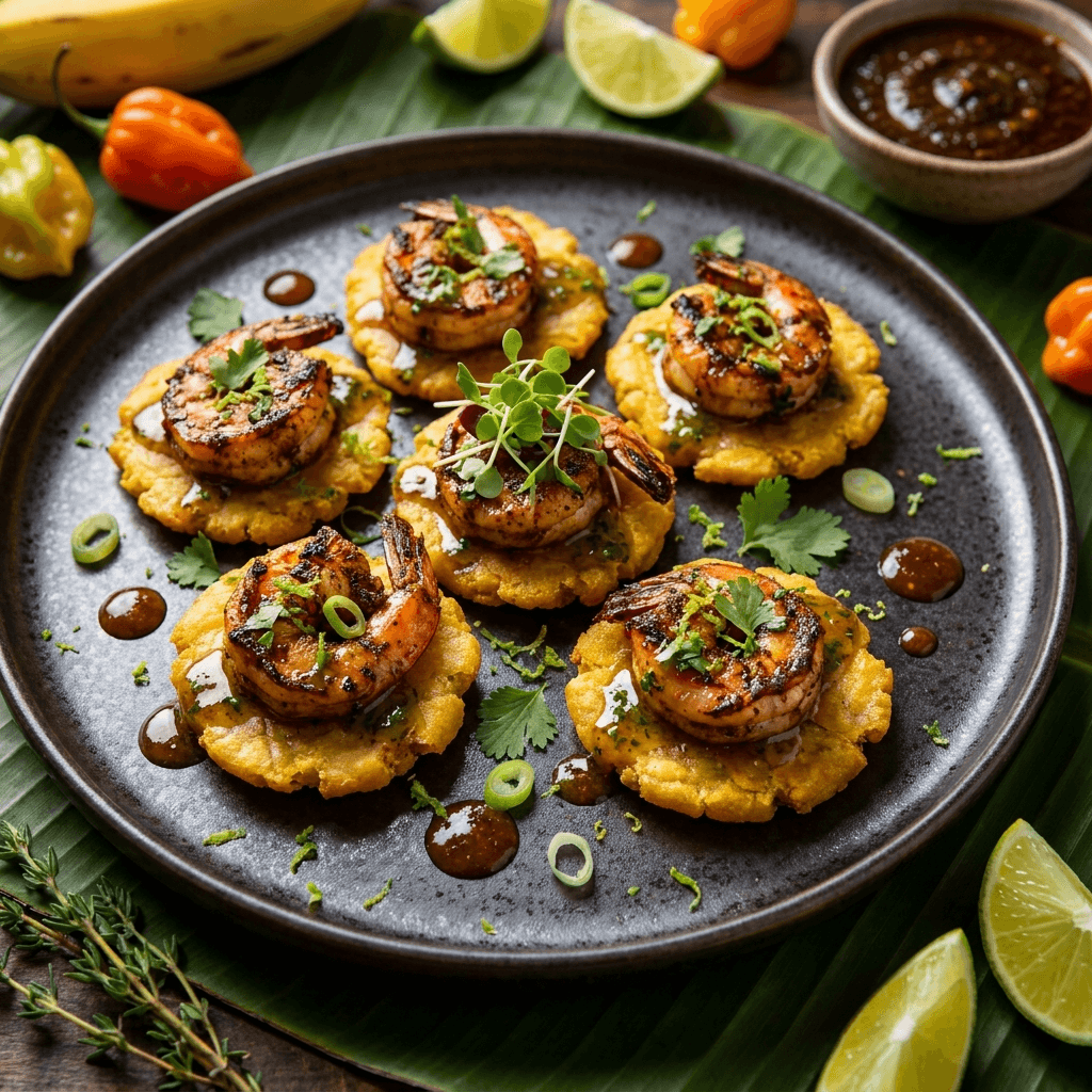 Plantain and jerk prawn bites with citrus dipping sauce