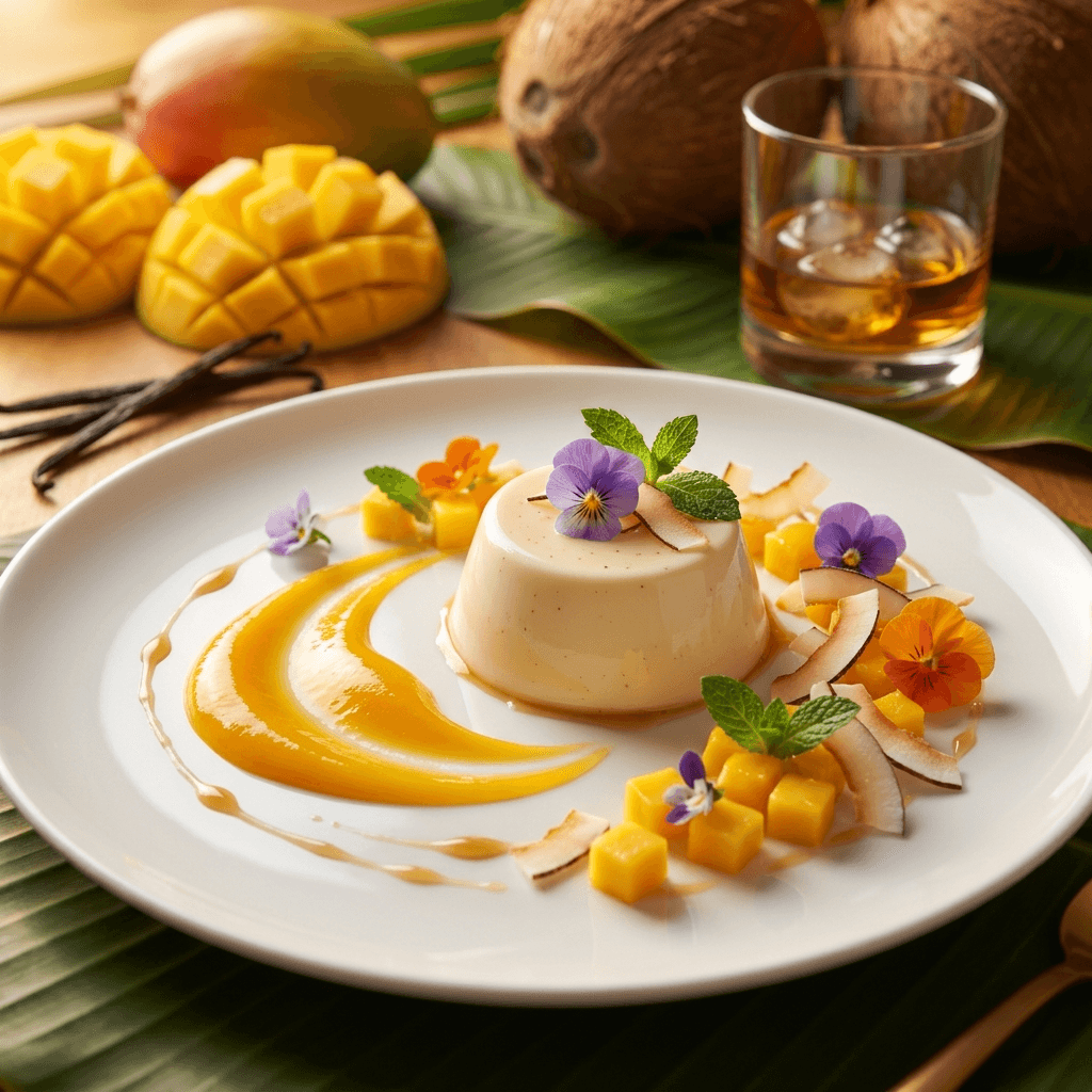 Caribbean rum panna cotta with mango coulis