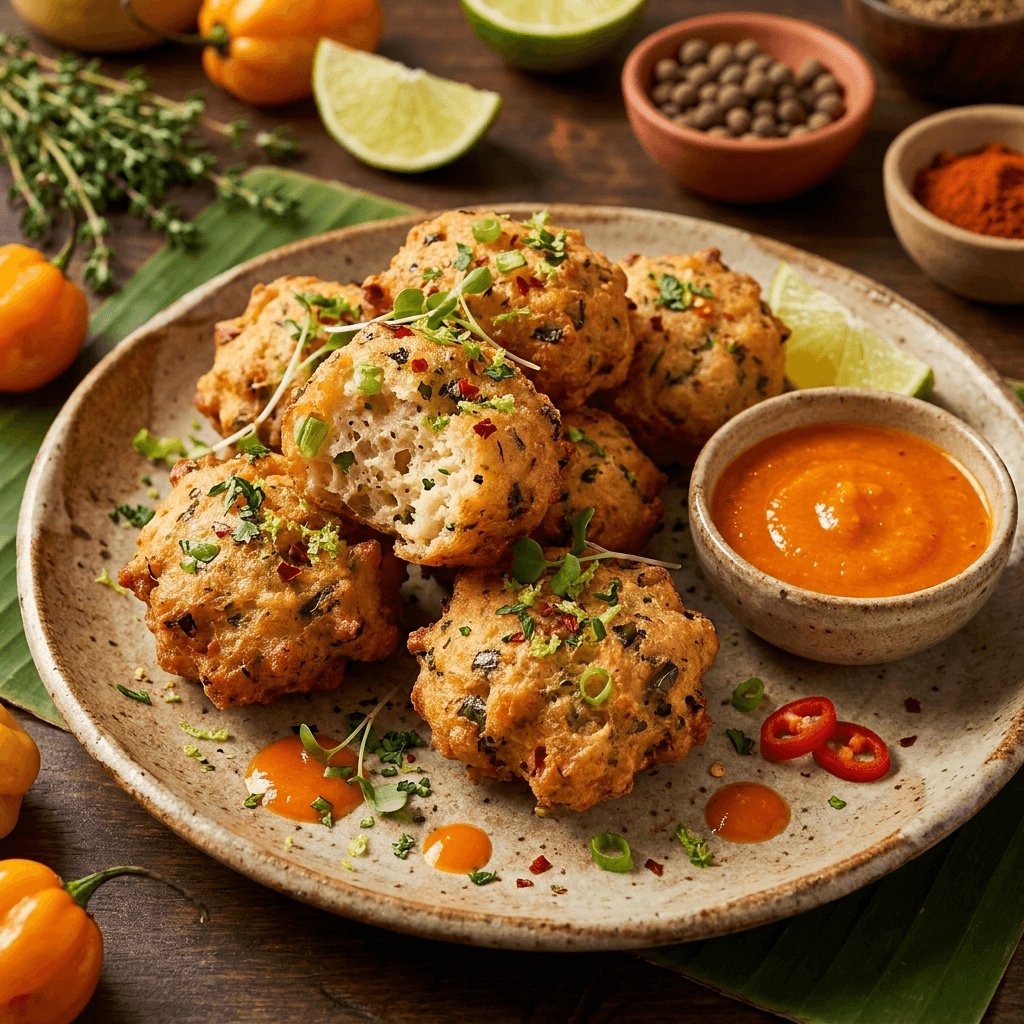 Caribbean saltfish fritters with pepper sauce